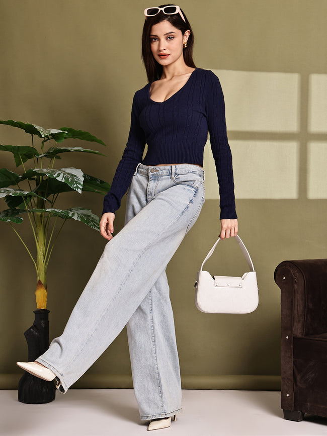 Women Blue Viscose Knit Sweater