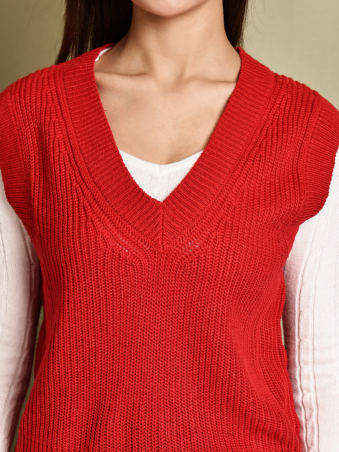 Women Red Sleeveless Sweater Vest