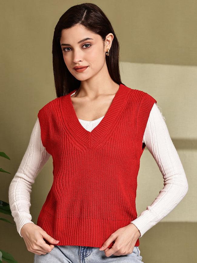 Women Red Sleeveless Sweater Vest