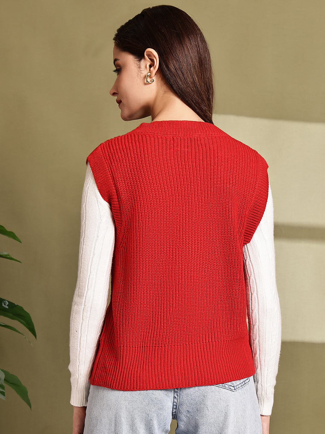 Women Red Sleeveless Sweater Vest