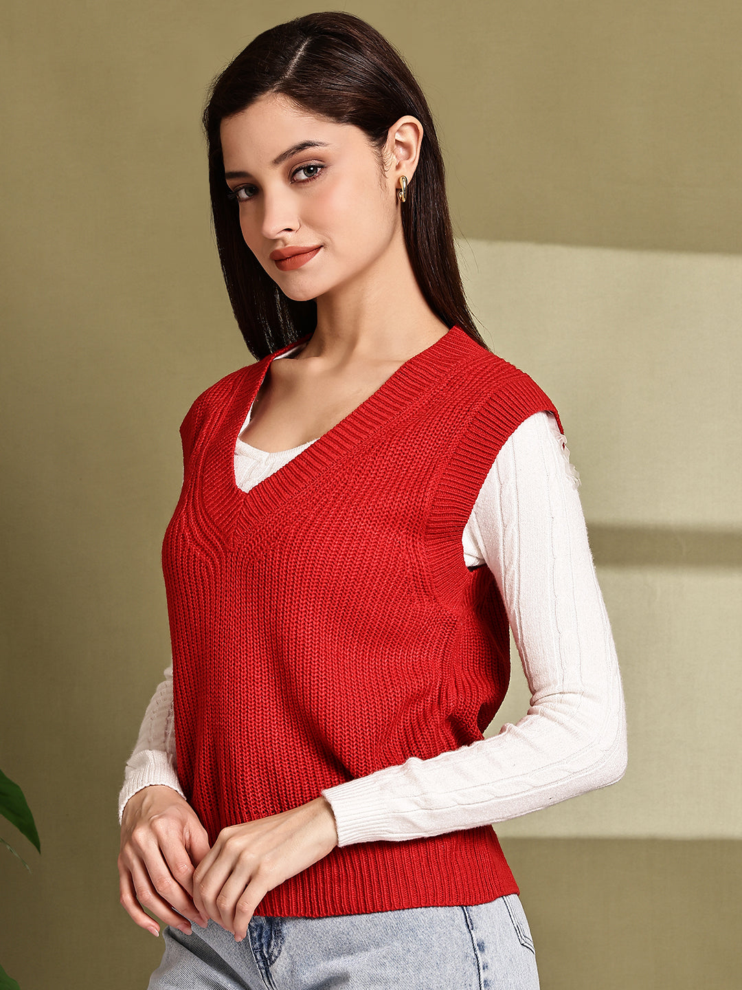 Women Red Sleeveless Sweater Vest