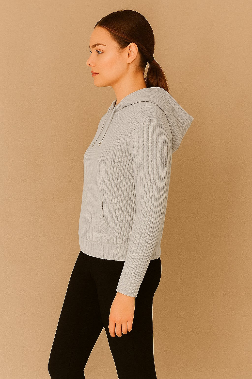 Women Acrylic Full Sleeve Grey Knitted Hoodie Sweatshirt