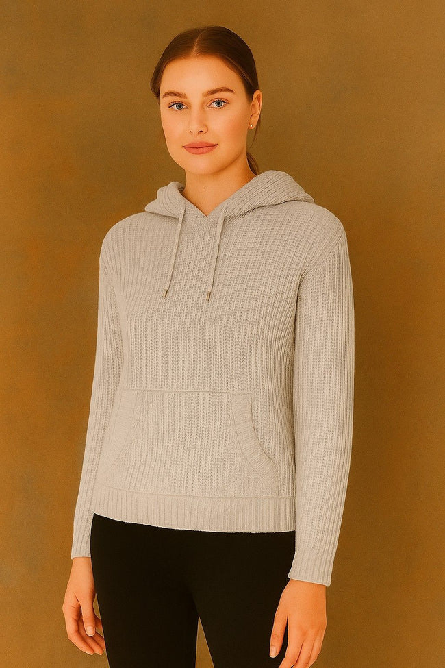 Women Acrylic Full Sleeve Grey Knitted Hoodie Sweatshirt