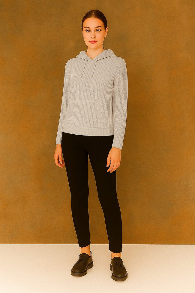 Women Acrylic Full Sleeve Grey Knitted Hoodie Sweatshirt