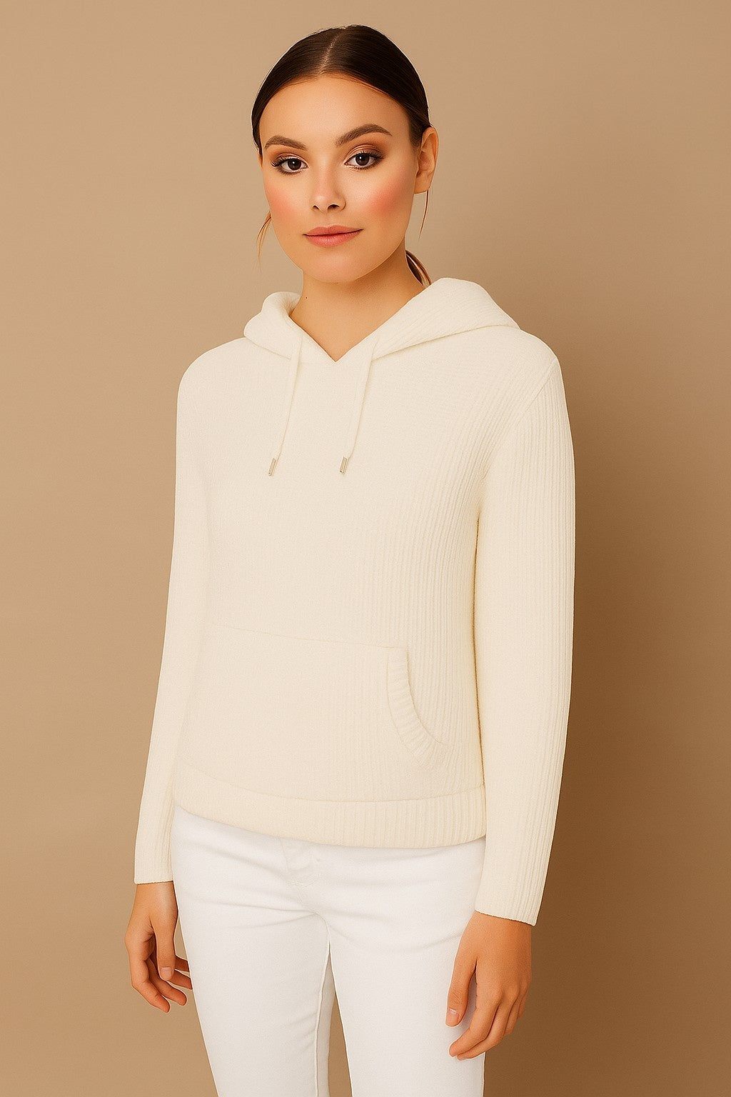 Women Acrylic Full Sleeve White Knitted Hoodie Sweatshirt