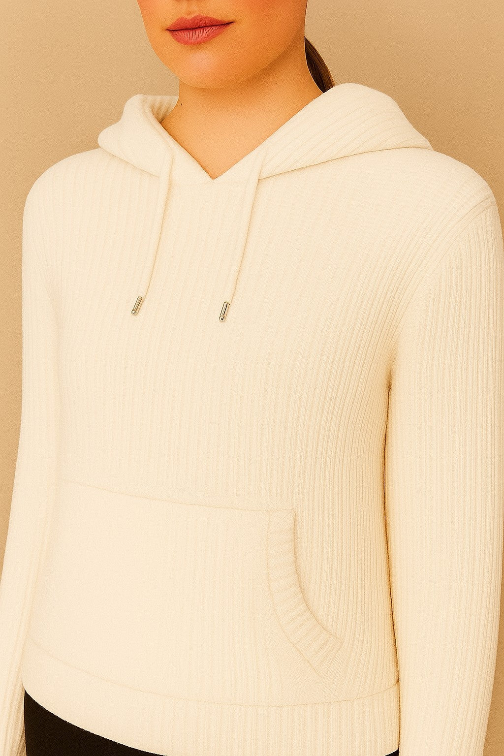 Women Acrylic Full Sleeve White Knitted Hoodie Sweatshirt