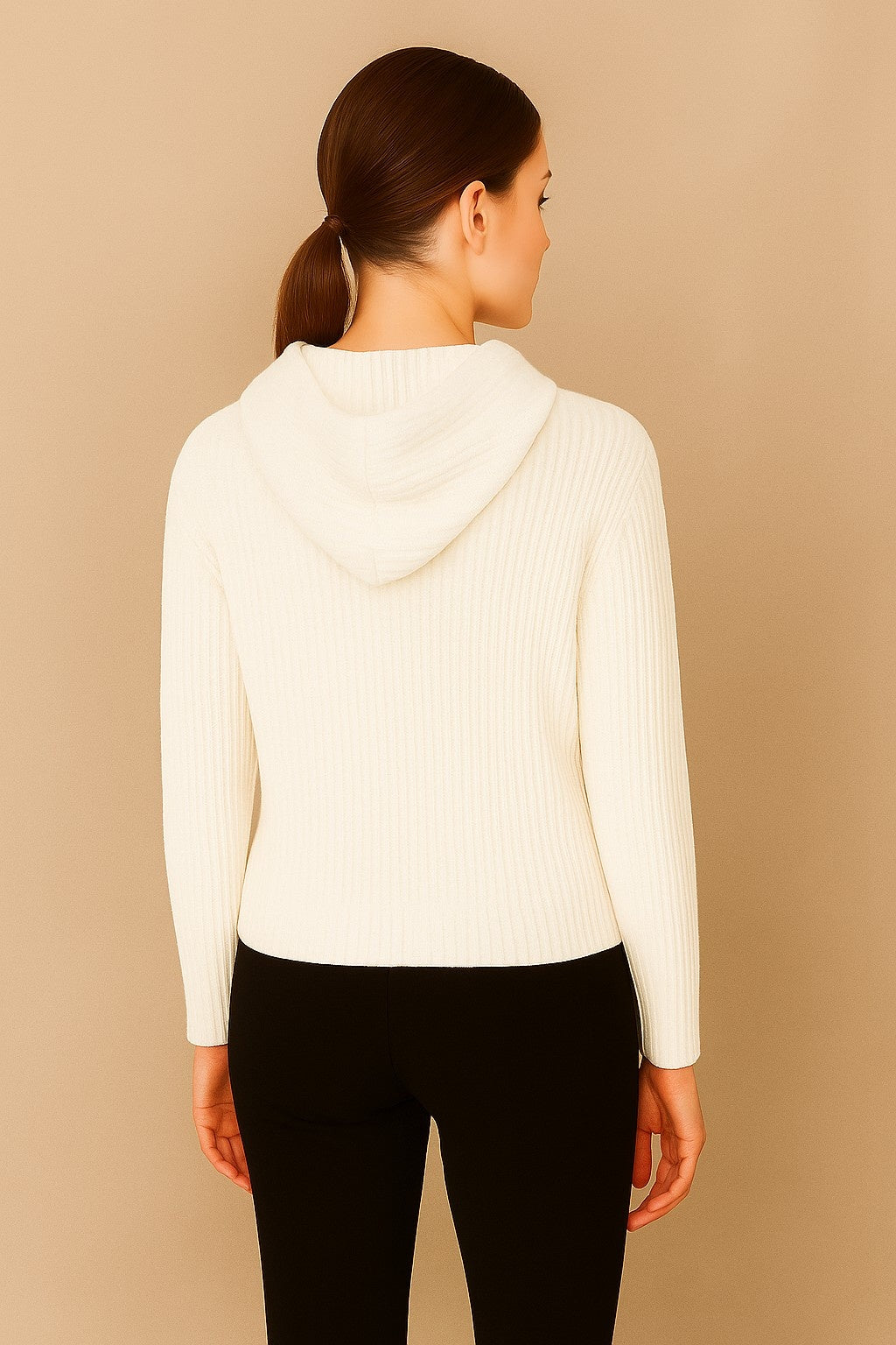 Women Acrylic Full Sleeve White Knitted Hoodie Sweatshirt