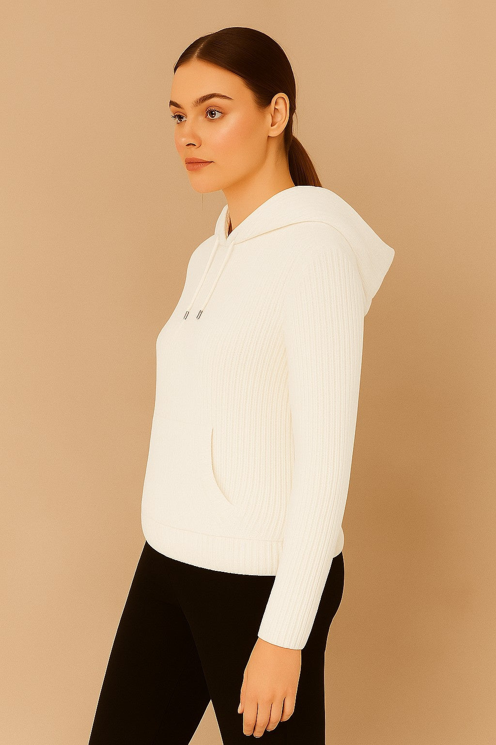 Women Acrylic Full Sleeve White Knitted Hoodie Sweatshirt