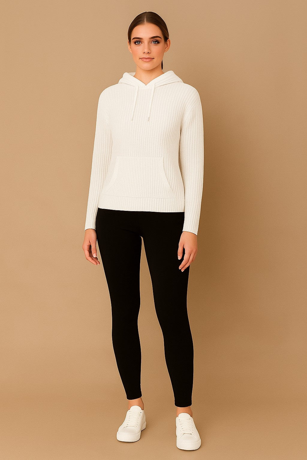 Women Acrylic Full Sleeve White Knitted Hoodie Sweatshirt