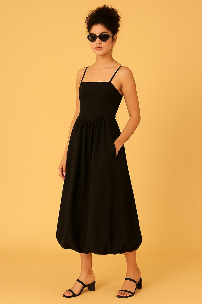 Women Cotton Black Balloon Dress