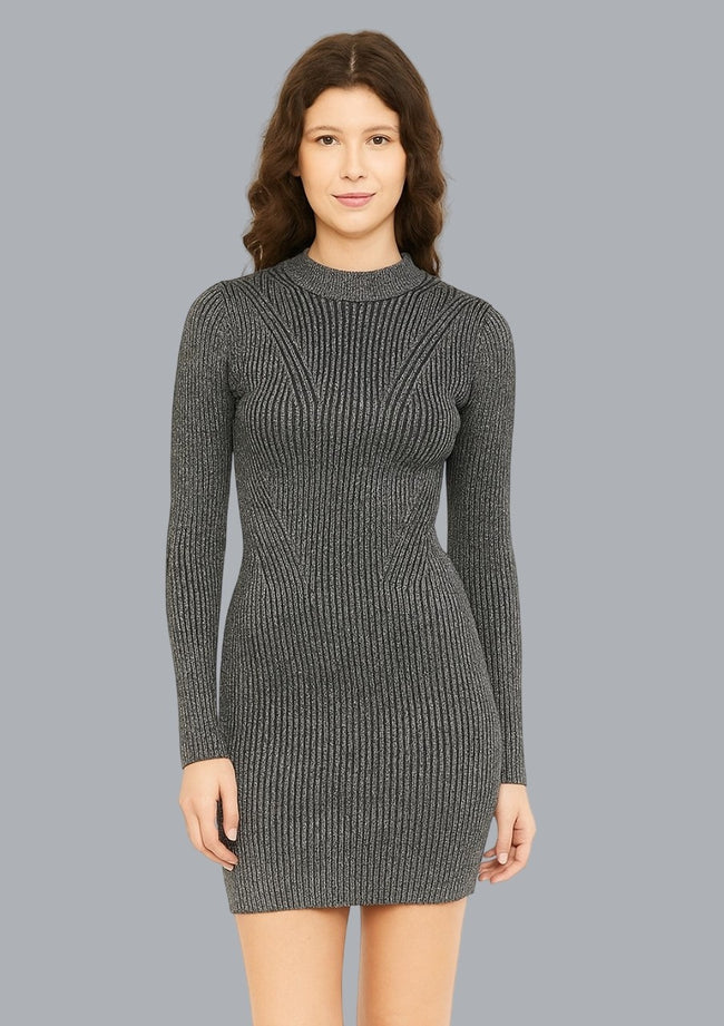 Women Viscose Black Metallic Ribbed Bodycon Dress