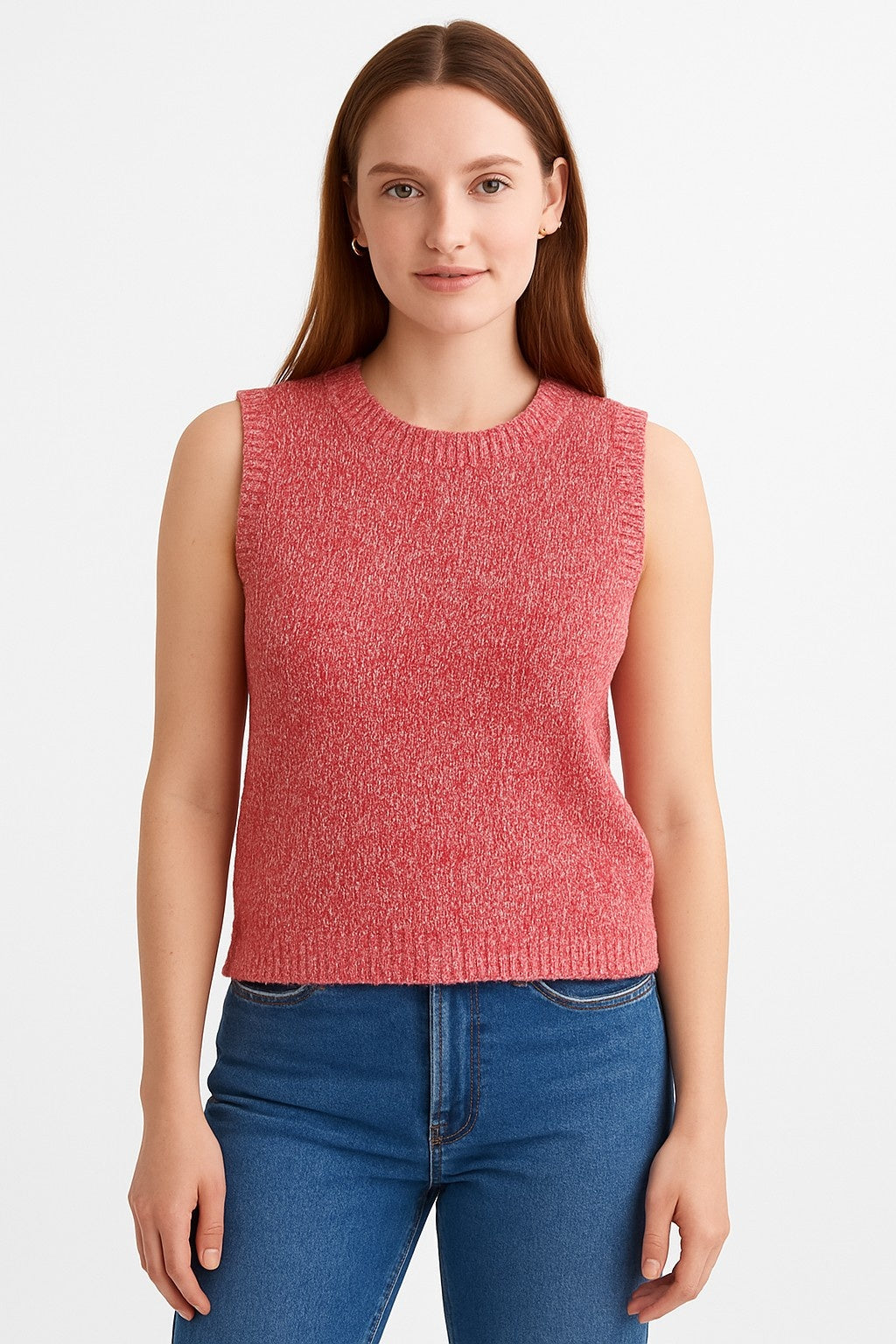 Women Acrylic Stretchable Red Sleeveless Sweater