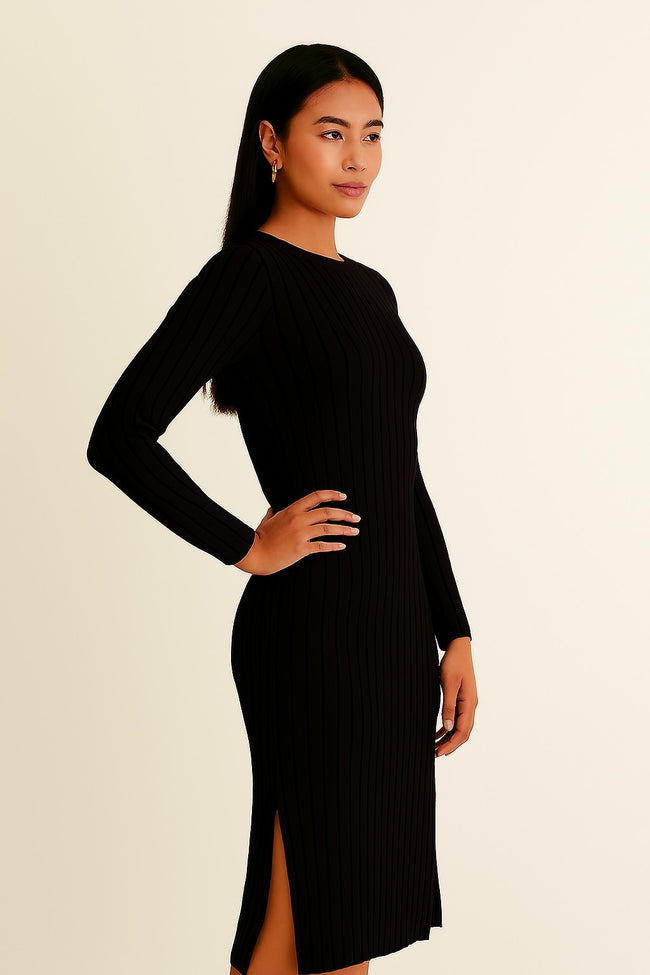 Women Acrylic Black Ribbed Knit Bodycon Midi Dress