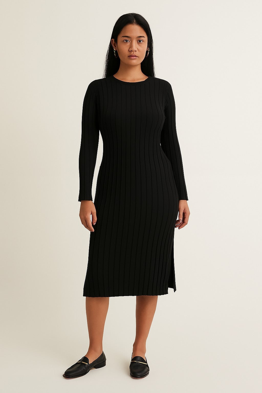 Women Acrylic Black Ribbed Knit Bodycon Midi Dress