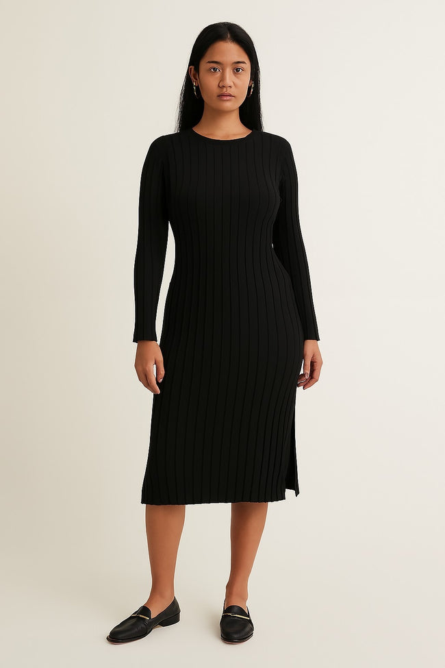 Women Acrylic Black Ribbed Knit Bodycon Midi Dress