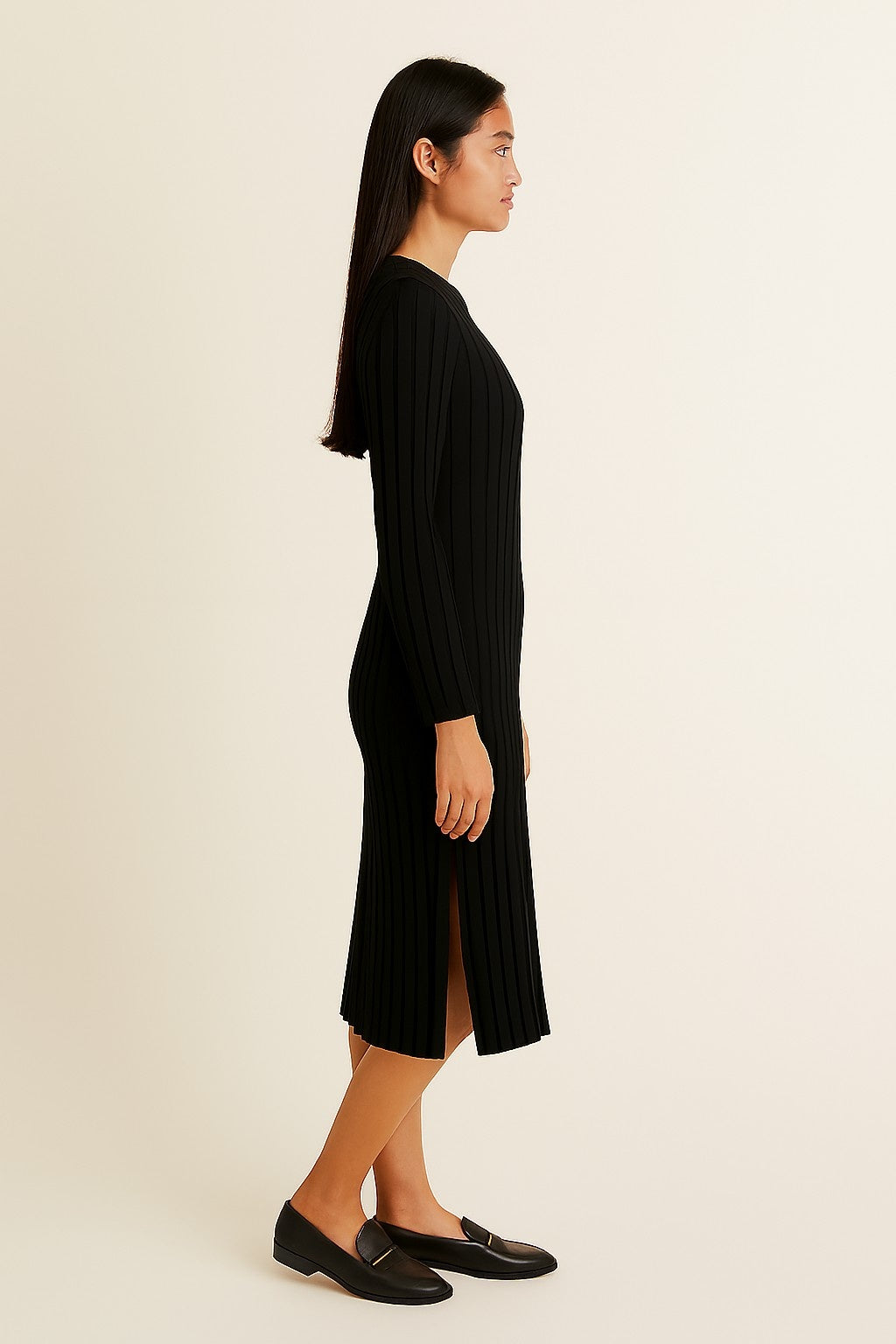 Women Acrylic Black Ribbed Knit Bodycon Midi Dress