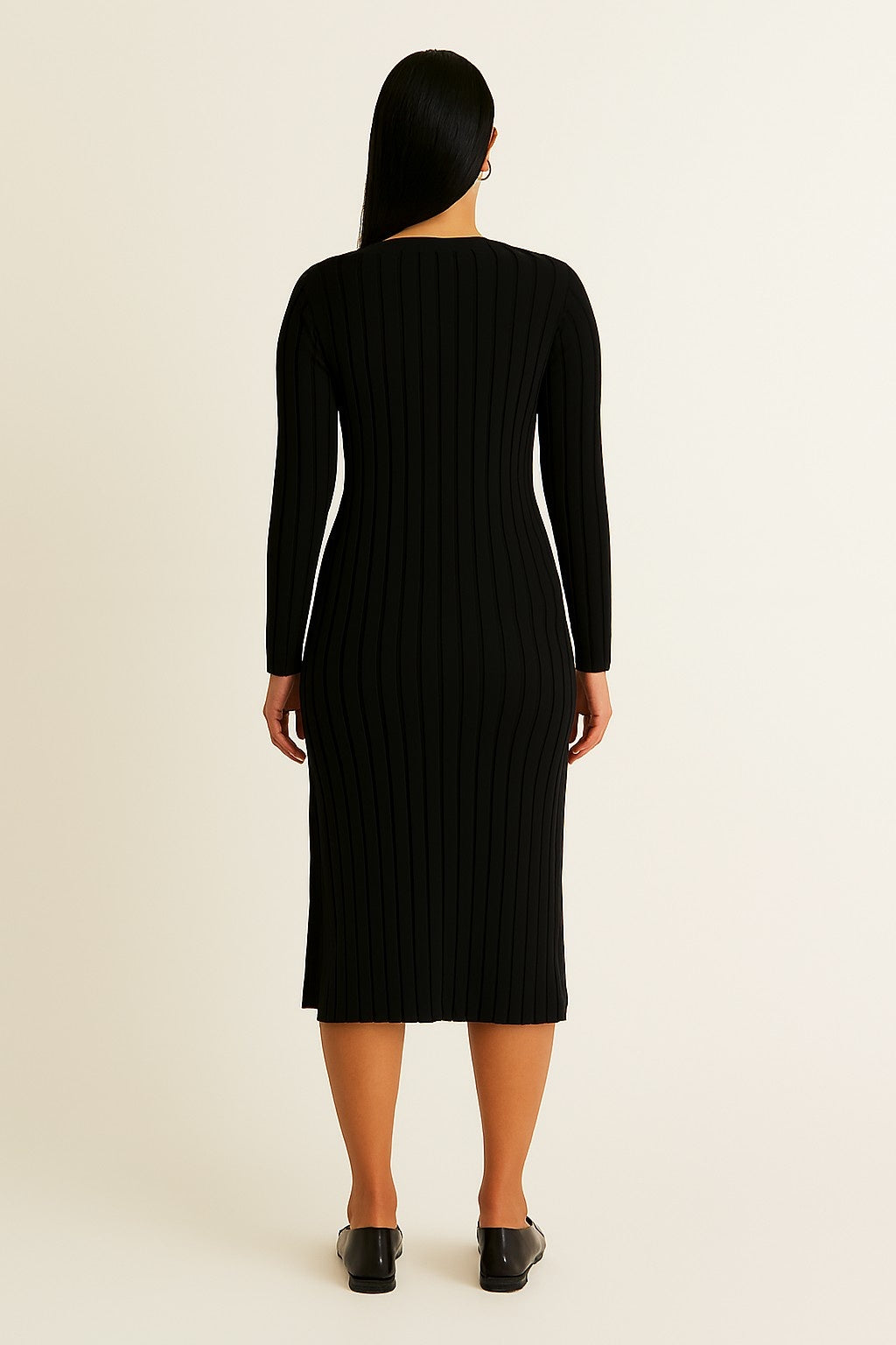 Women Acrylic Black Ribbed Knit Bodycon Midi Dress
