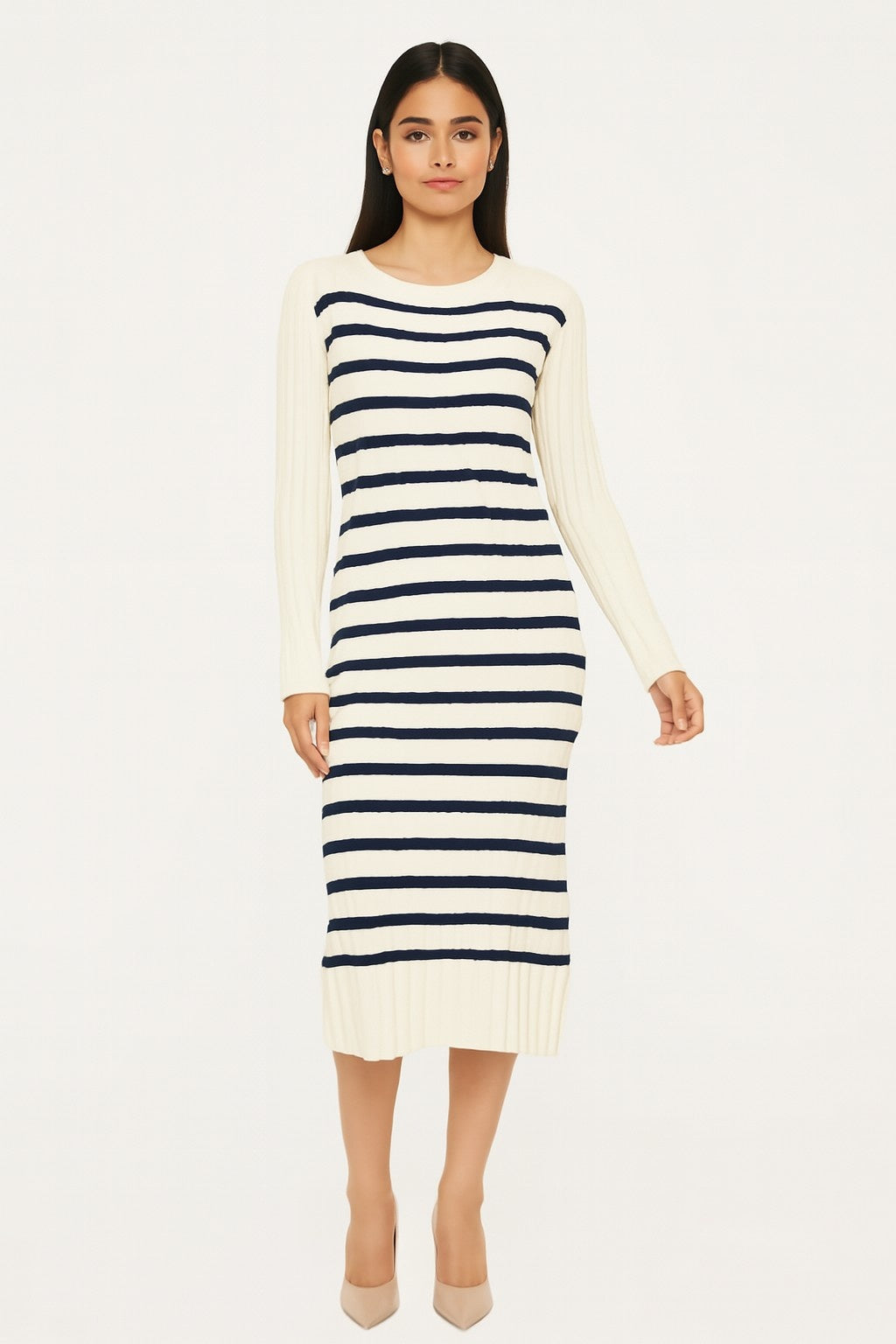 Women Acrylic Cream Striped Knit Midi Dress