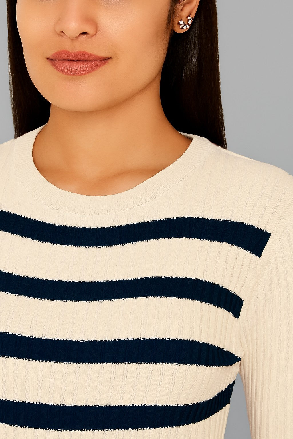 Women Acrylic Cream Striped Knit Midi Dress