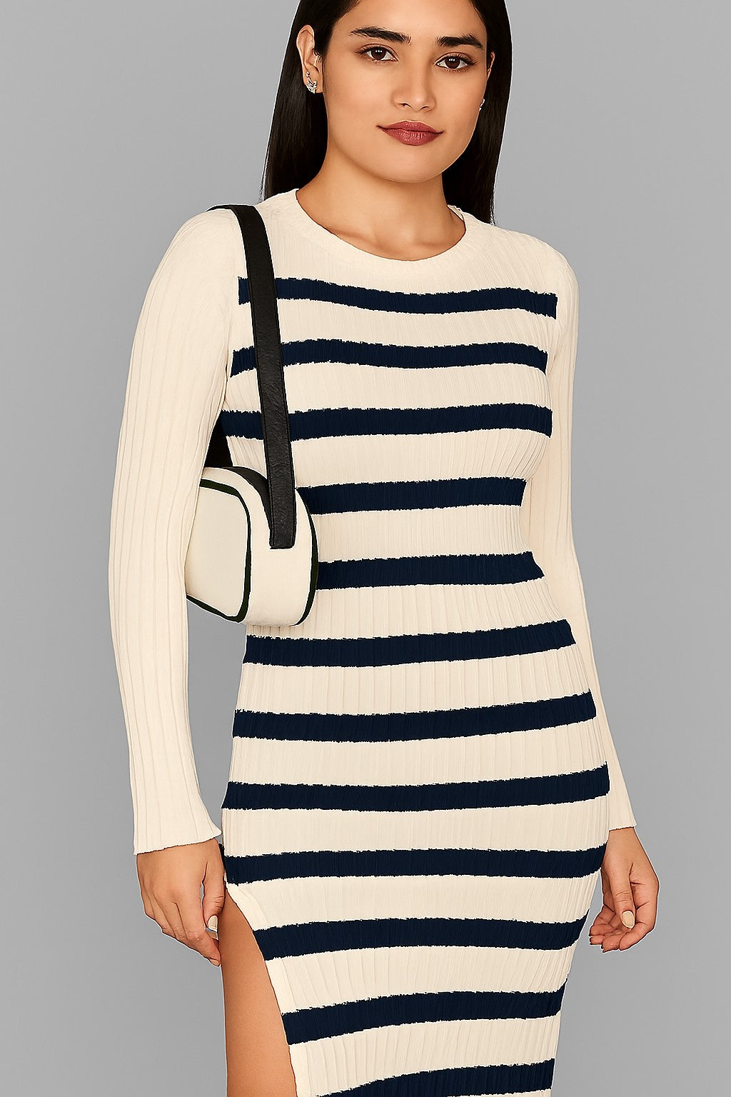 Women Acrylic Cream Striped Knit Midi Dress