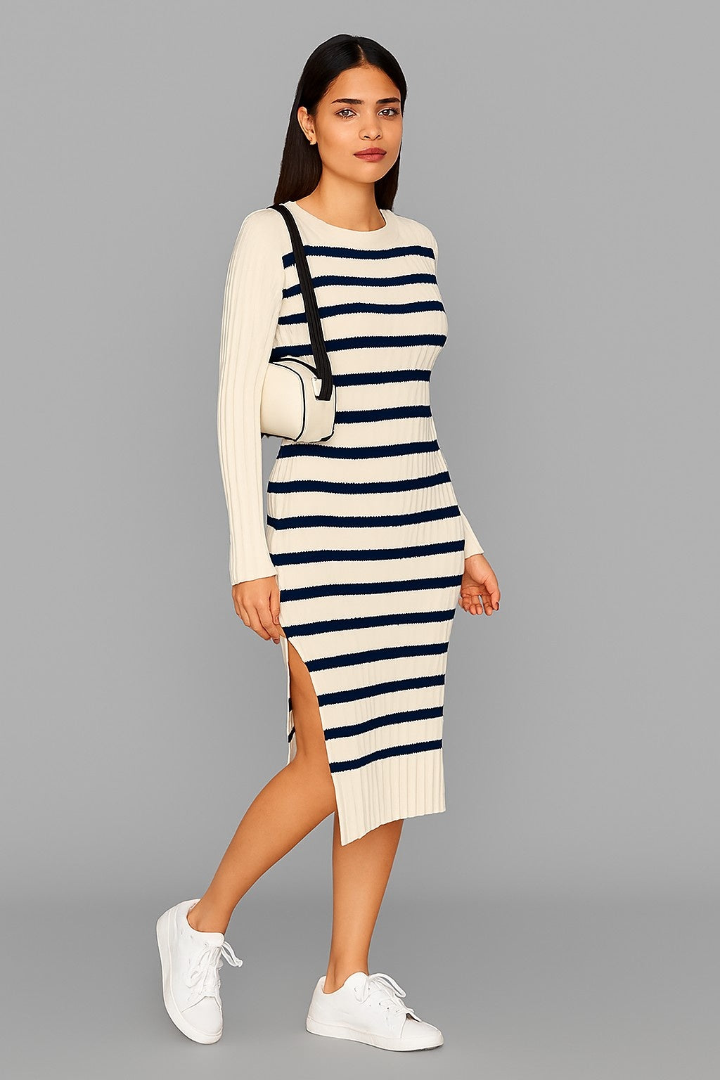 Women Acrylic Cream Striped Knit Midi Dress