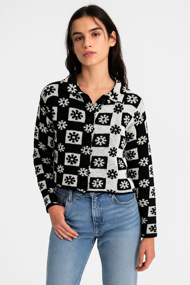 Women Acrylic Full Sleeve with Black Checked Floral Knit Cardigan