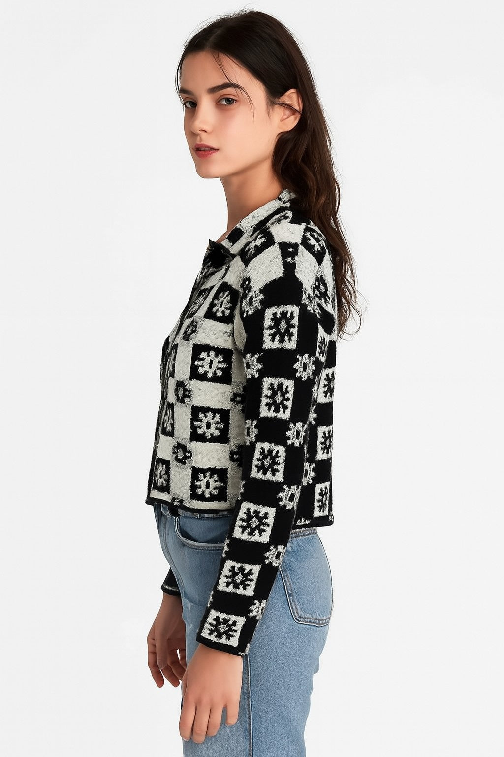 Women Acrylic Full Sleeve with Black Checked Floral Knit Cardigan