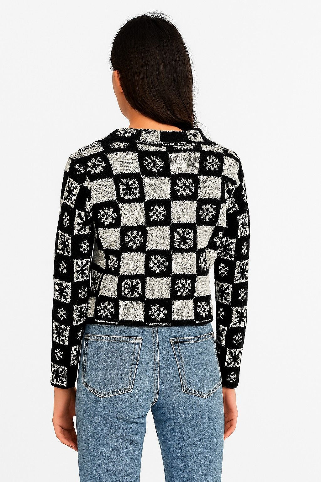 Women Acrylic Full Sleeve with Black Checked Floral Knit Cardigan