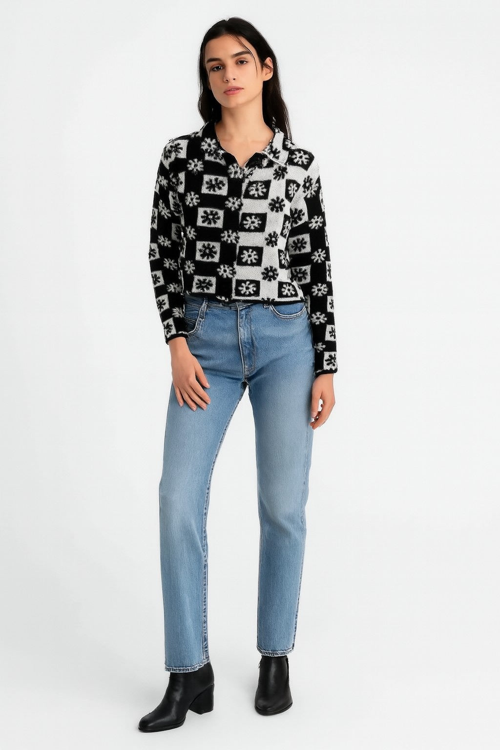 Women Acrylic Full Sleeve with Black Checked Floral Knit Cardigan