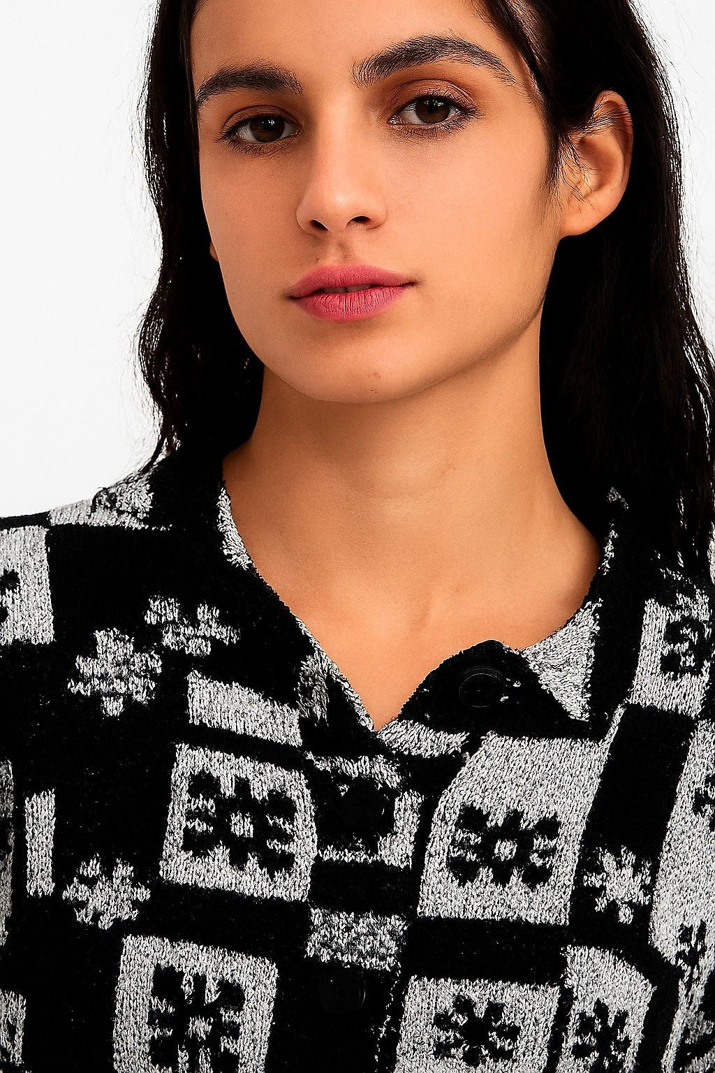 Women Acrylic Full Sleeve with Black Checked Floral Knit Cardigan