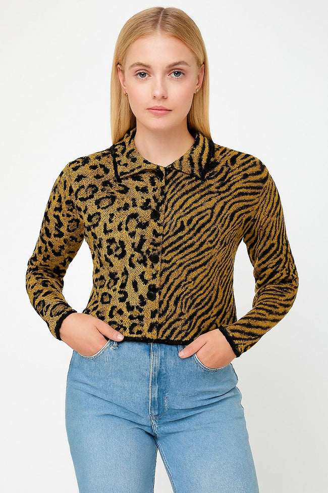 Women Acrylic Full Sleeve with Brown Animal Print Cardigan