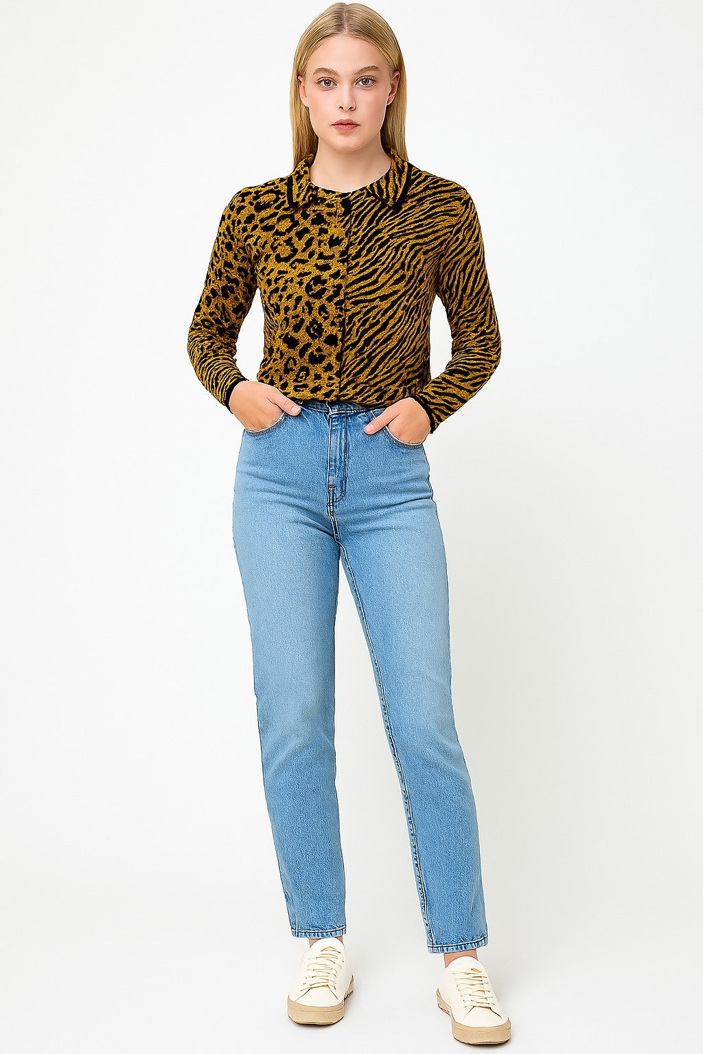 Women Acrylic Full Sleeve with Brown Animal Print Cardigan