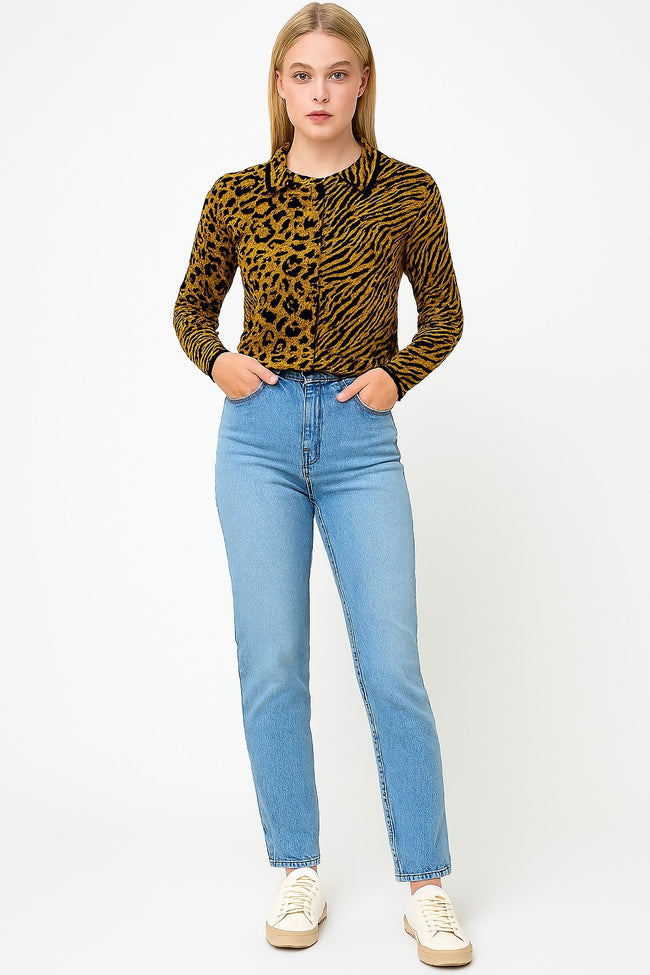 Women Acrylic Full Sleeve with Brown Animal Print Cardigan