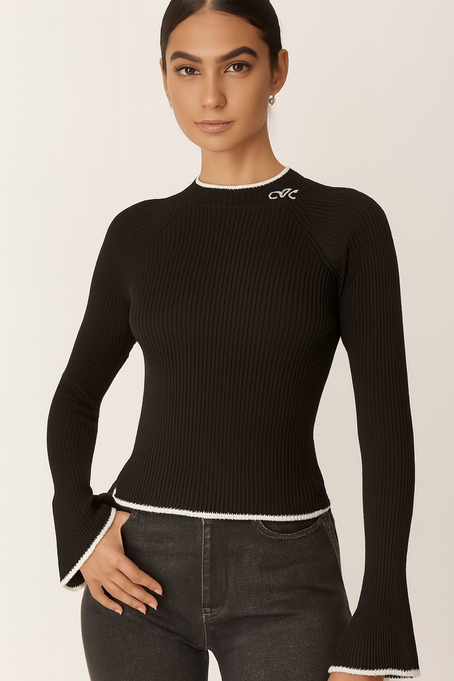 Women Black Ribbed Stretchable Sweater