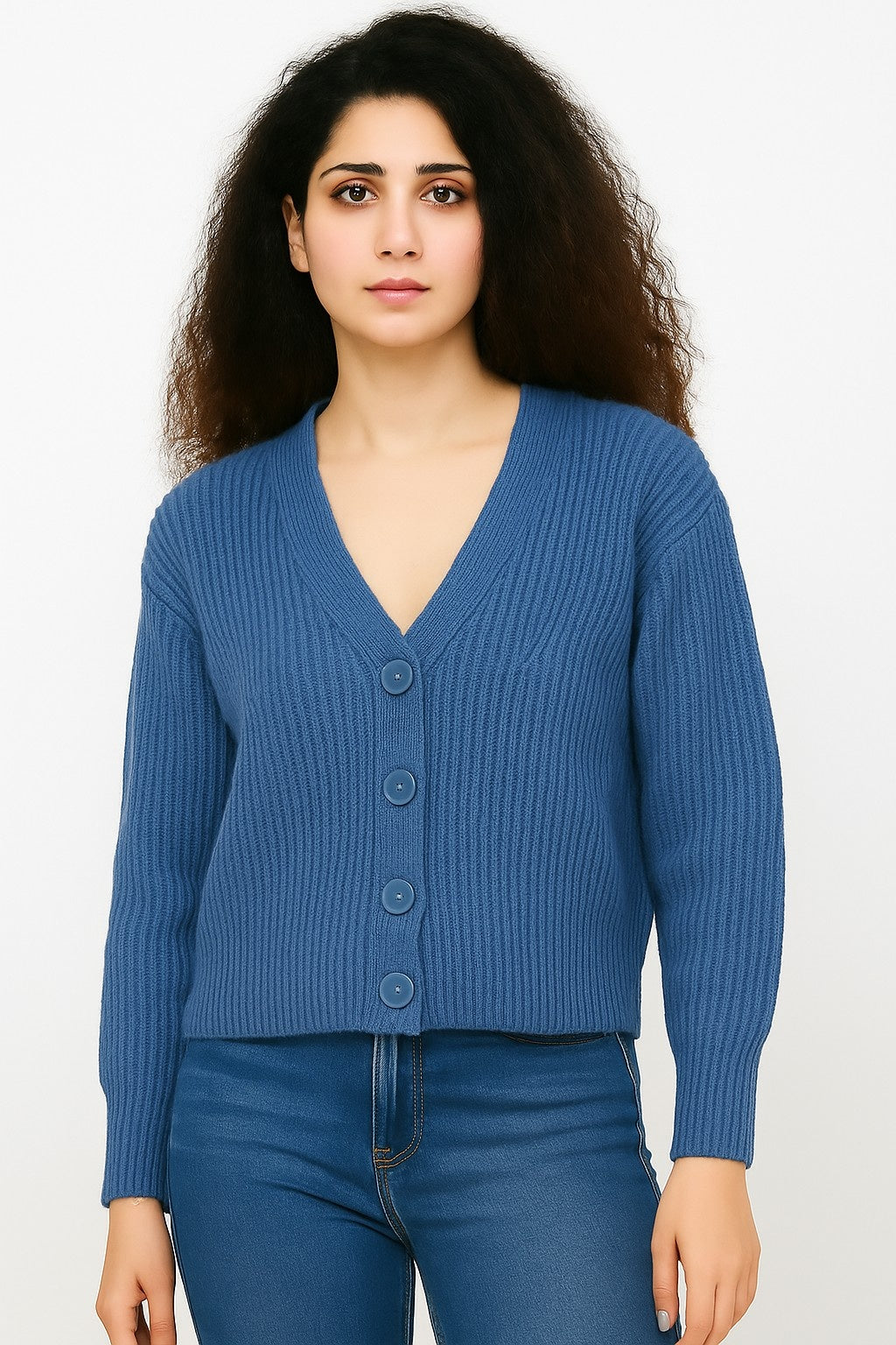 Women Blue Full Sleeve Acrylic Down Shoulder Cardigan