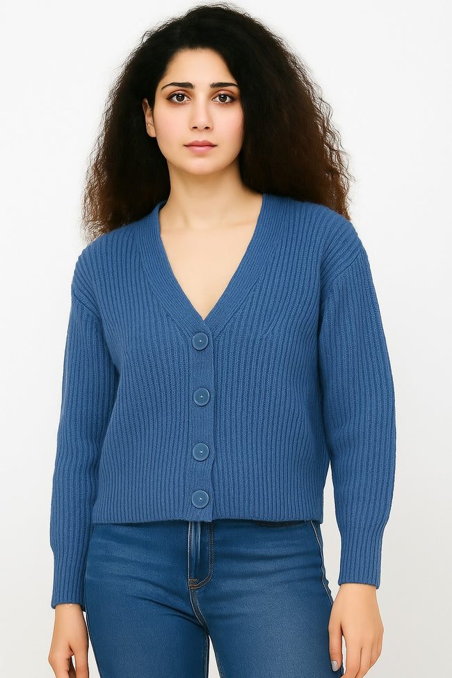 Women Blue Full Sleeve Acrylic Down Shoulder Cardigan