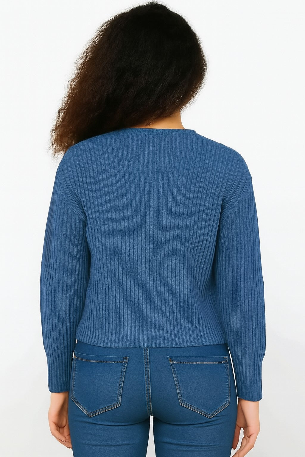 Women Blue Full Sleeve Acrylic Down Shoulder Cardigan