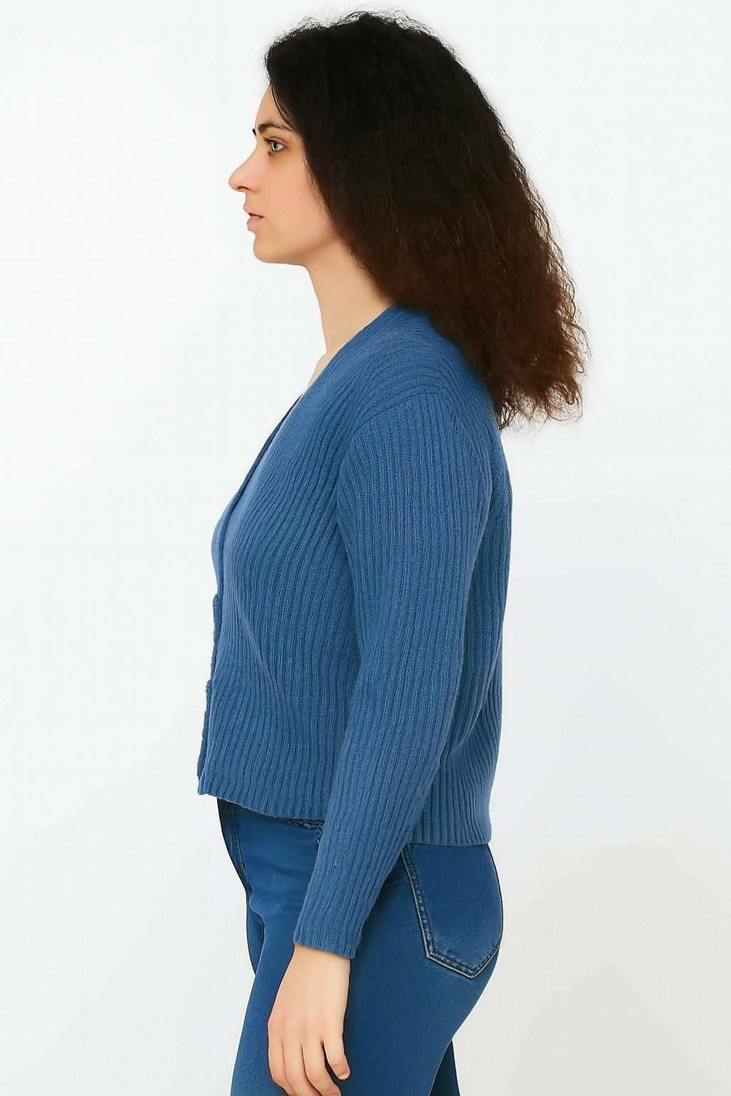 Women Blue Full Sleeve Acrylic Down Shoulder Cardigan