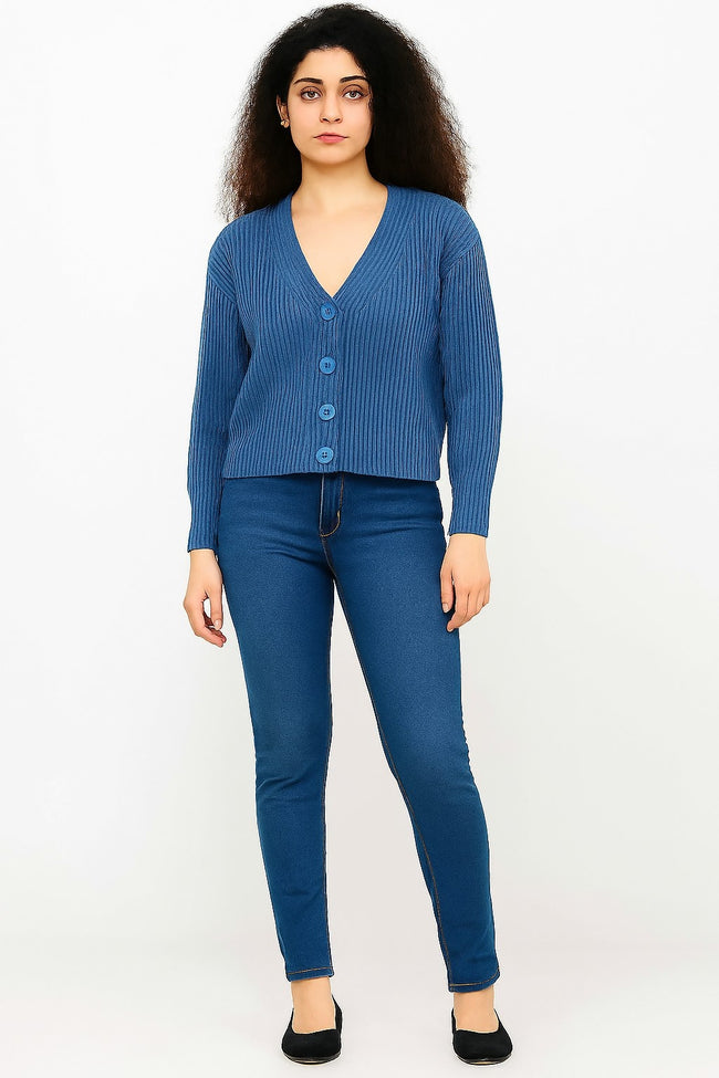 Women Blue Full Sleeve Acrylic Down Shoulder Cardigan