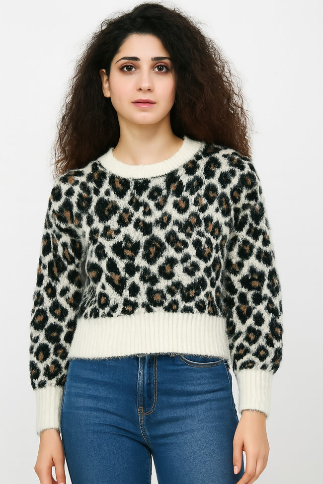 Women Black Tiger Print Down Shoulder Sweater