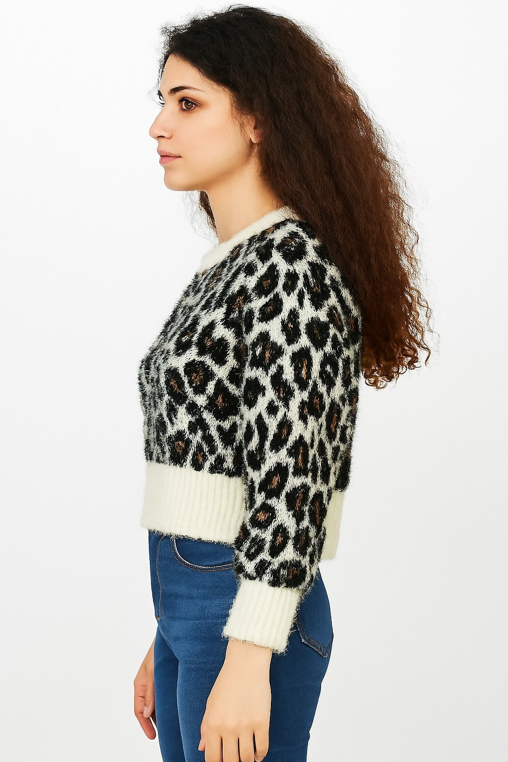 Women Black Tiger Print Down Shoulder Sweater