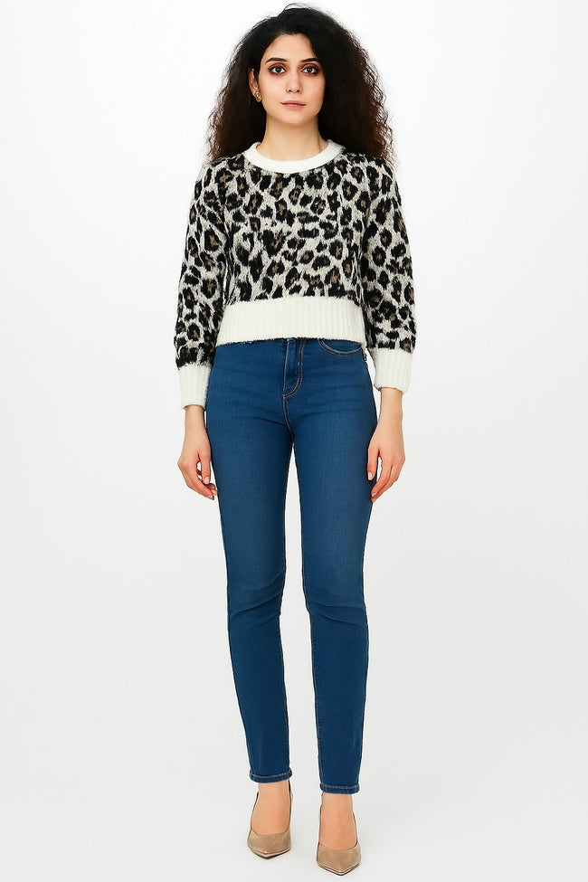 Women Black Tiger Print Down Shoulder Sweater