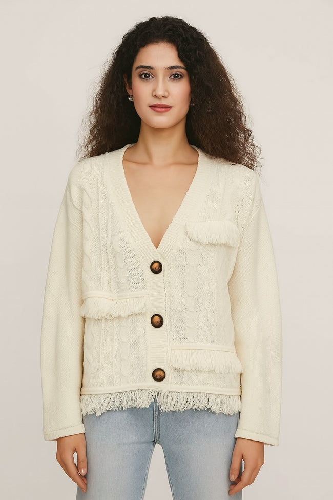 Women Cream Polyester Full Sleeve Textured Fringe Detail Cardigan