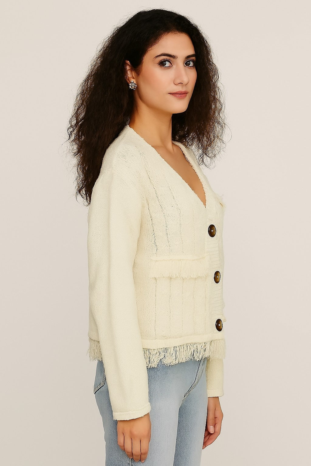 Women Cream Polyester Full Sleeve Textured Fringe Detail Cardigan
