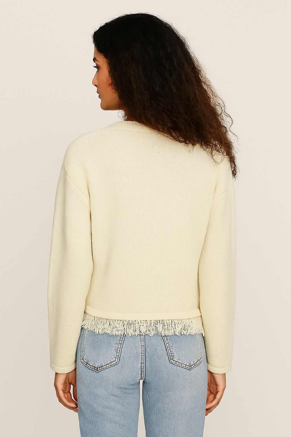 Women Cream Polyester Full Sleeve Textured Fringe Detail Cardigan