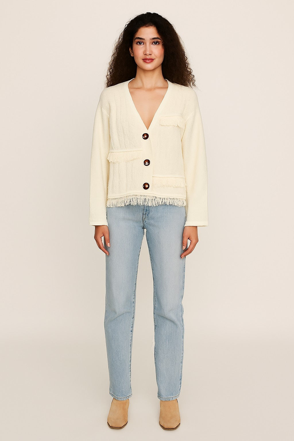 Women Cream Polyester Full Sleeve Textured Fringe Detail Cardigan