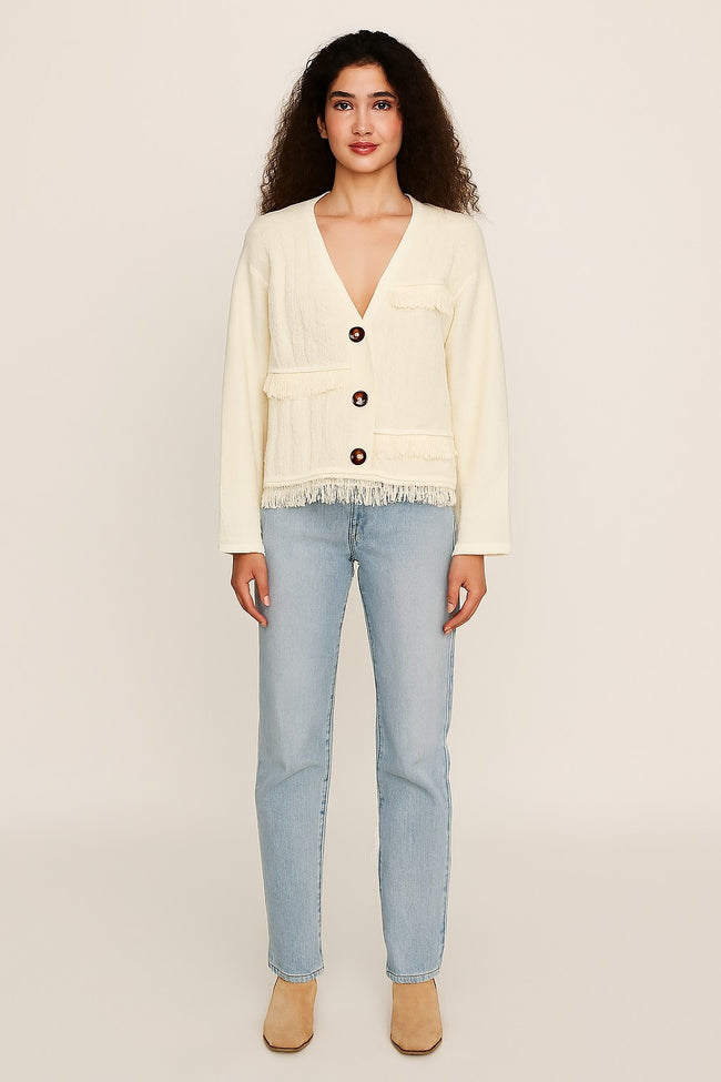 Women Cream Polyester Full Sleeve Textured Fringe Detail Cardigan