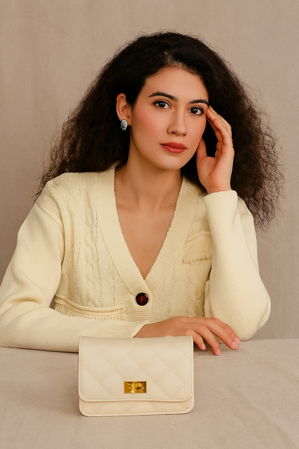 Women Cream Polyester Full Sleeve Textured Fringe Detail Cardigan
