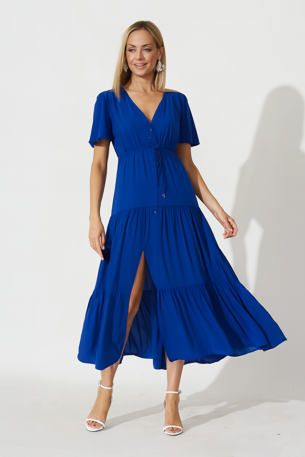 Women Blue Tiered Maxi Dress with Cinched Waist & Side Pockets