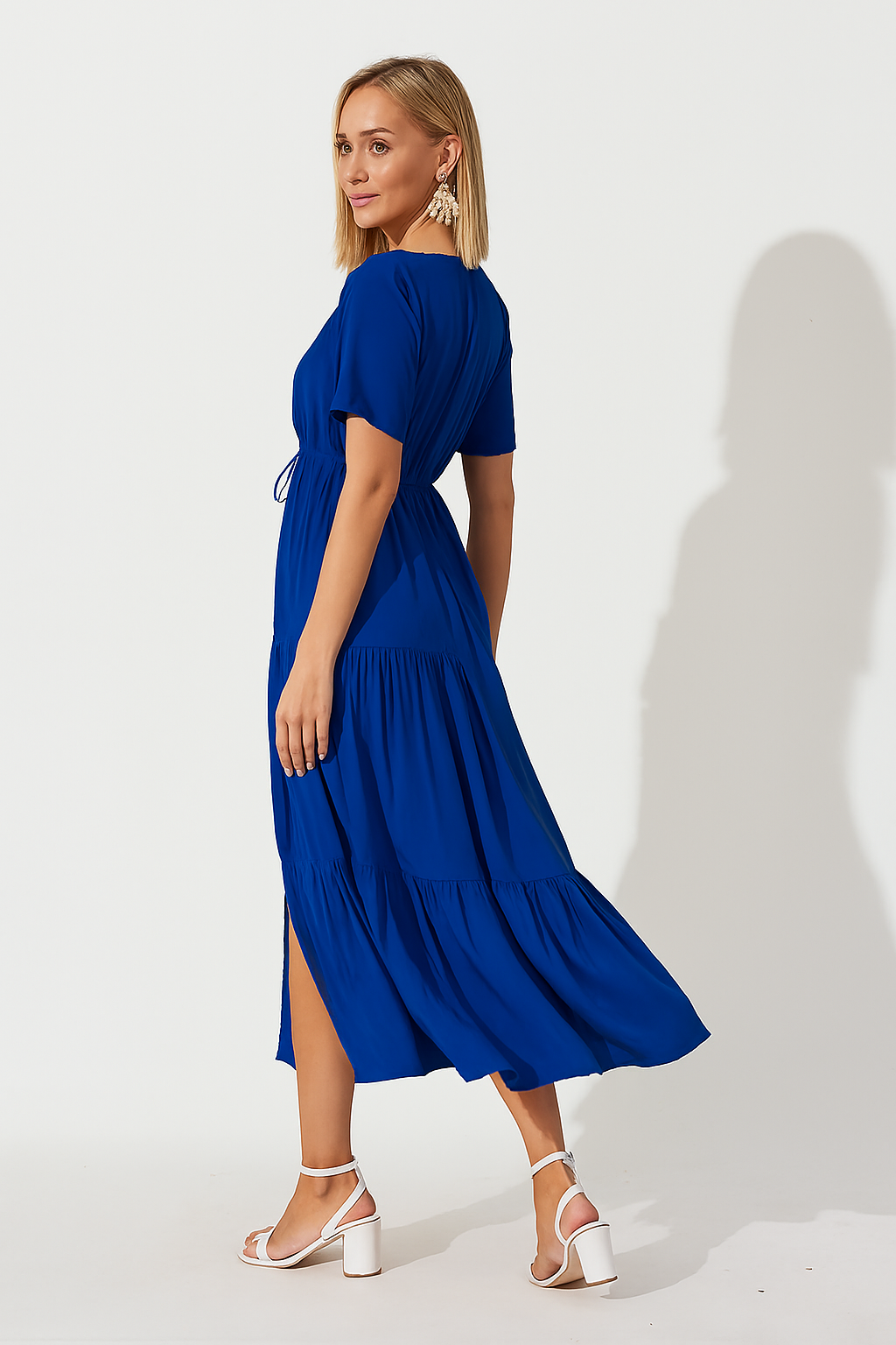 Women Blue Tiered Maxi Dress with Cinched Waist & Side Pockets